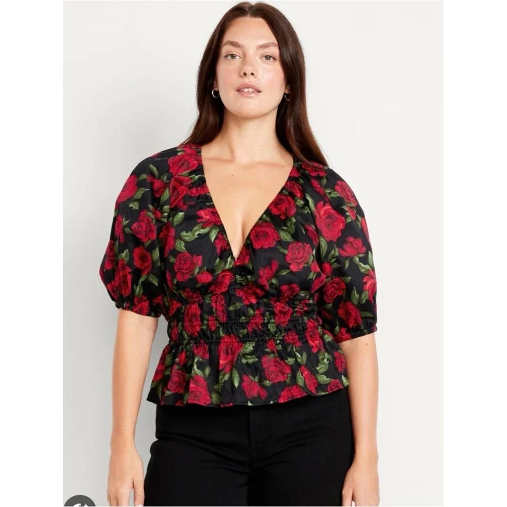 Old Navy Floral Smocked Babydoll Top XL Red Rose Print Puff Sleeve Boho